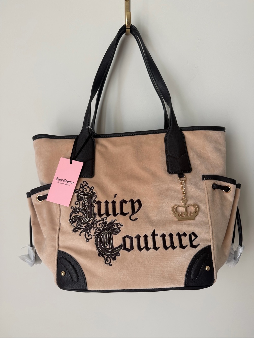 Juicy Couture Beige black vekour renaissance Tote Bag with Black Trim
